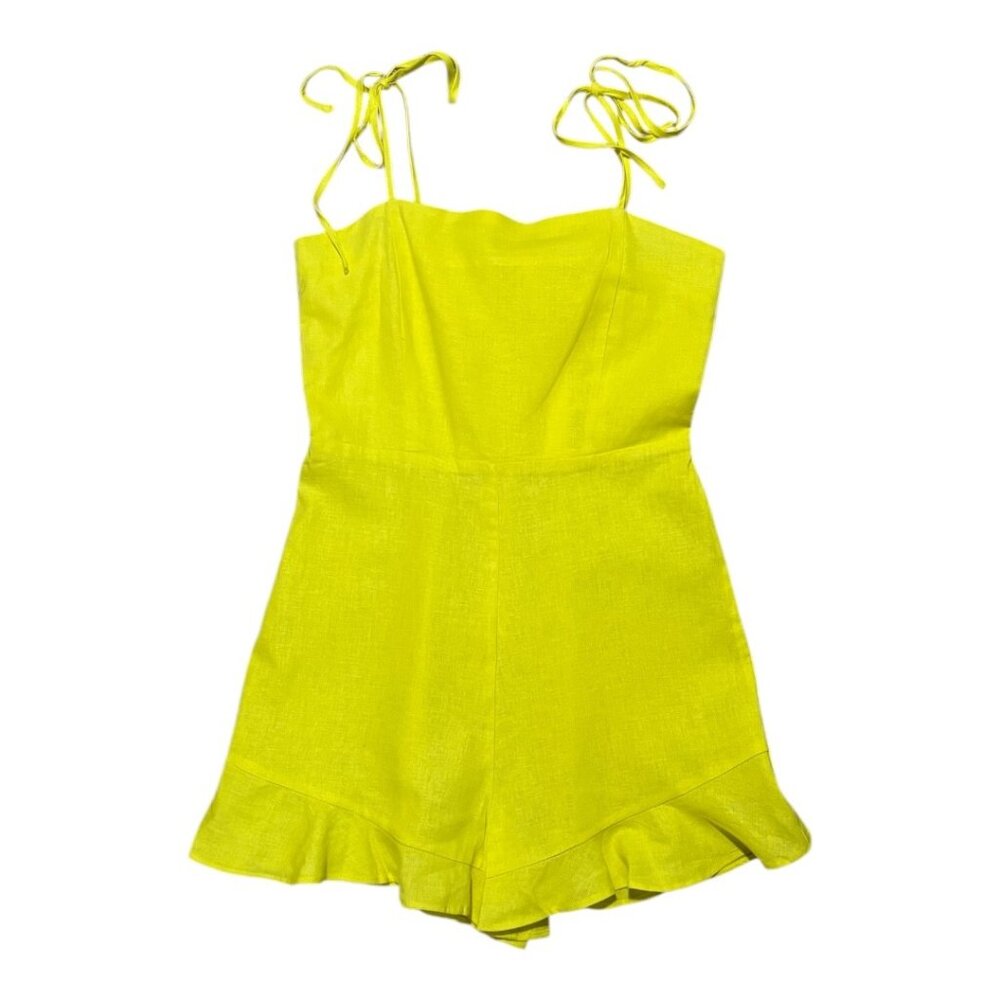 GB Linen Blend Shoulder Ties Romper Women's XS Solid Yellow Ruffle Hem NWT New